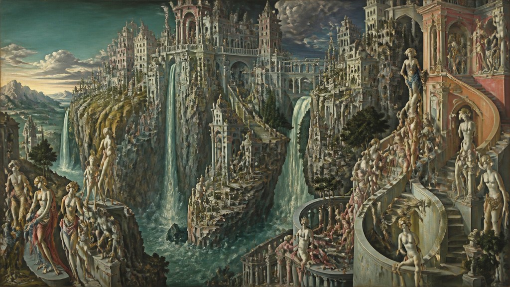 a cliffside city with waterfalls cascading into a misty canyon, wide establishing shot, no people, no text