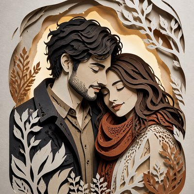 portrait of two people together — Paper Cut Art Style
