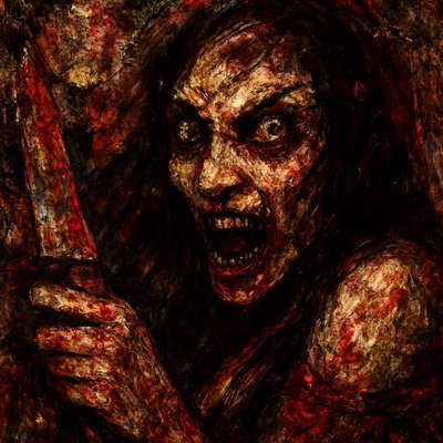 a painting of a zombie holding a knife