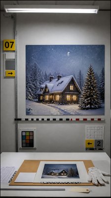 a snow-covered cottage with warm glowing windows beside a decorated pine tree, gentle snowfall, no text