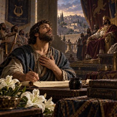 Psalms 45:1 (JPS)
1 (45:1) For the Leader; upon Shoshannim; a Psalm of the sons of Korah. Maschil. A Song of loves. (45:2) My heart overfloweth with a goodly matter; I say: 'My work is concerning a king'; my tongue is the pen of a ready writer.
