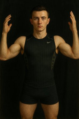a man in a black wrestling suit posing for a picture