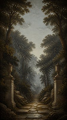 a mysterious forest path with fireflies and drifting mist, atmospheric vertical composition with open space at the top, no text