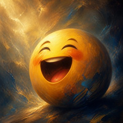 an exaggerated laughing face of an original round mascot character, bold and readable at small size, plain background, no text