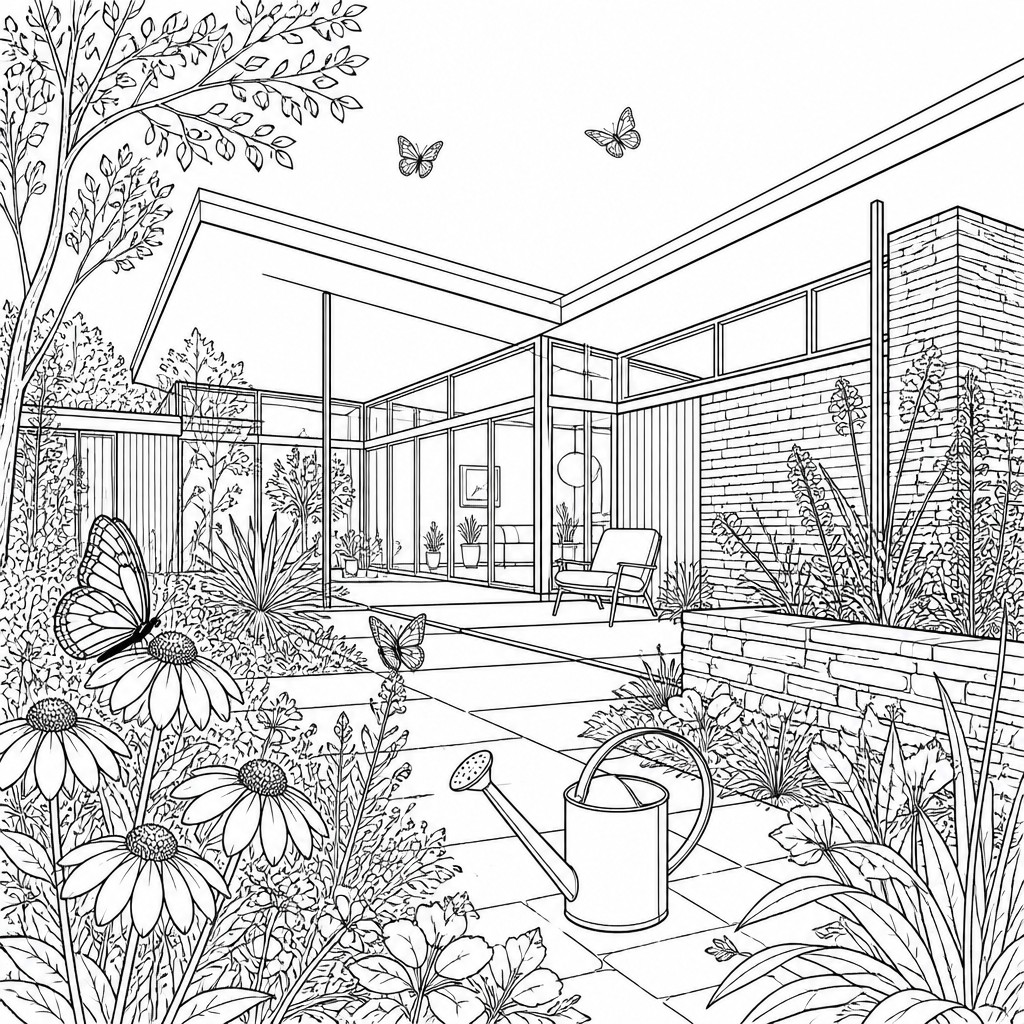 a garden scene with butterflies, flowers and a watering can, clean uncolored line art, no text