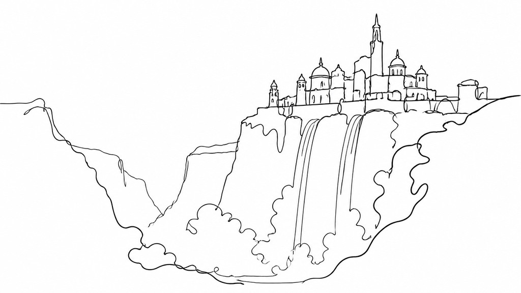 a cliffside city with waterfalls cascading into a misty canyon, wide establishing shot, no people, no text