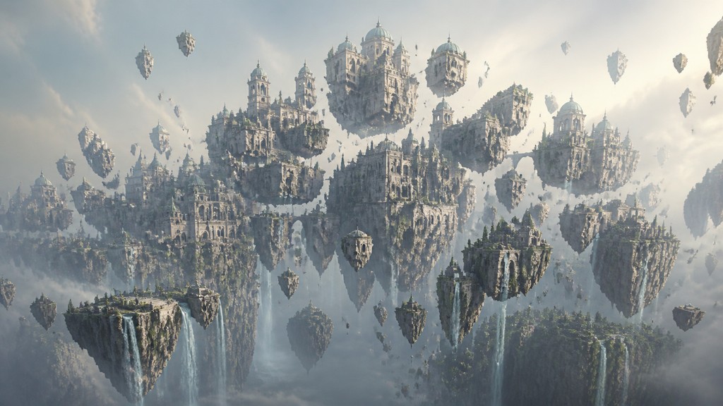 a cliffside city with waterfalls cascading into a misty canyon, wide establishing shot, no people, no text