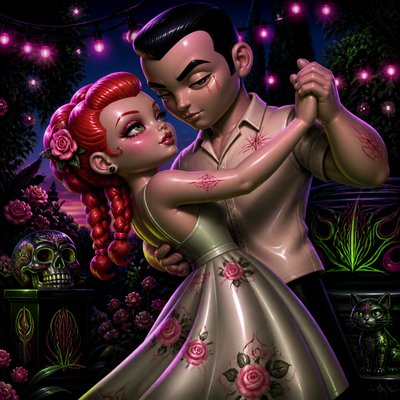 an original couple dancing under string lights in a garden at dusk: a man with short black hair in a linen shirt and a woman with braided red hair in a summer dress