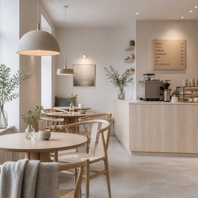 cozy cafe interior with warm lighting