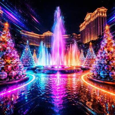 A grand night-time view of the iconic fountains at Caesar's Palace in Las Vegas. The water is illuminated from below with vibrant neon magenta, electric blue, and bright tangerine lights. Surrounding the perimeter of the fountain are large, stylized Christmas trees constructed entirely of glossy, metallic ornaments in various sizes. These ornament trees are shimmering in shades of silver, gold, magenta pink, cobalt blue, and tangerine orange. No green or red anywhere in the scene. The Roman-style architecture of the hotel is visible in the background under a dark desert sky. Ultra-glamorous, high-gloss textures, cinematic wide-angle shot, 8k resolution, ray-traced reflections.