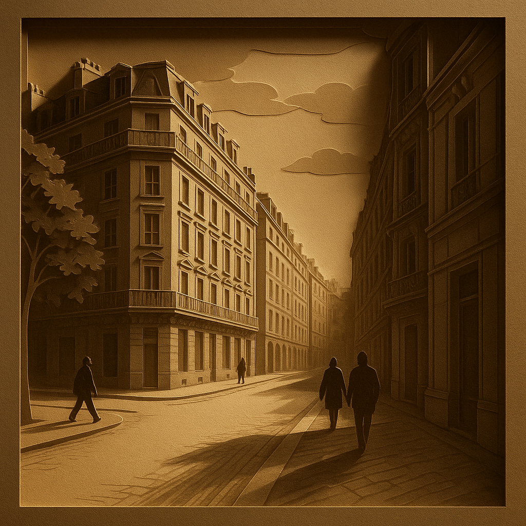 a painting of two people walking down a street