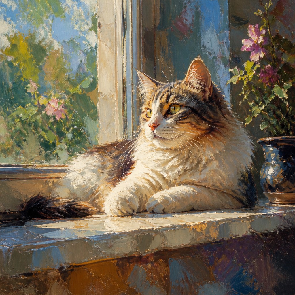 a cat lounging in a sunlit window