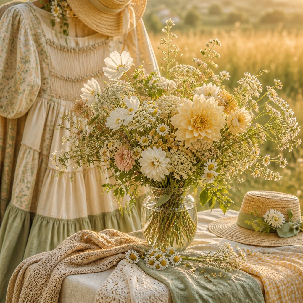 bouquet of flowers in a glass vase — Cottagecore Fashion Style