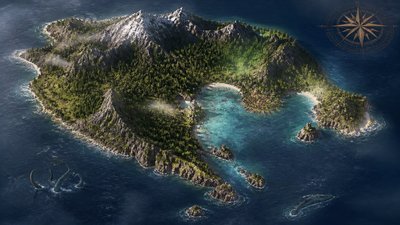 a map of an island realm with mountains, forests, a sheltered bay, sea monsters in the water and a compass rose, no text labels