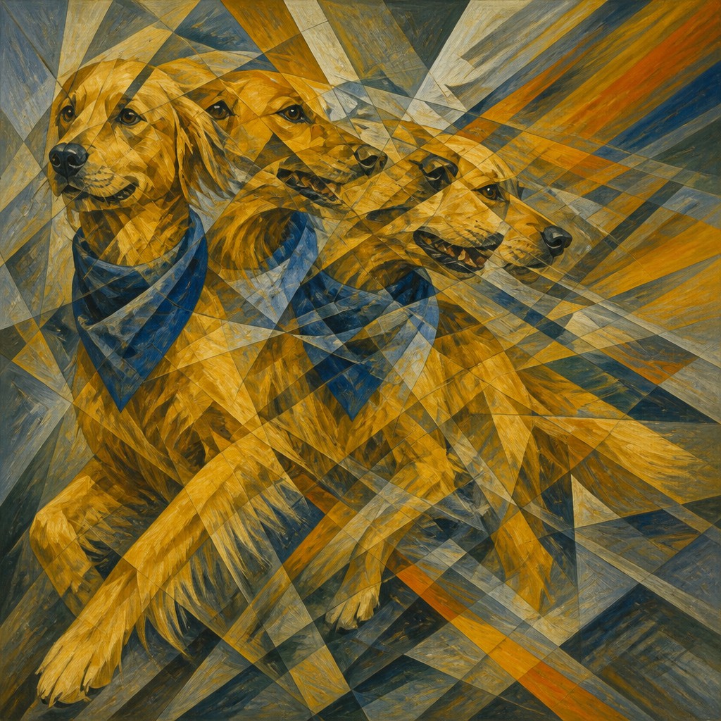 portrait of a golden retriever wearing a blue bandana, warm plain backdrop, no text