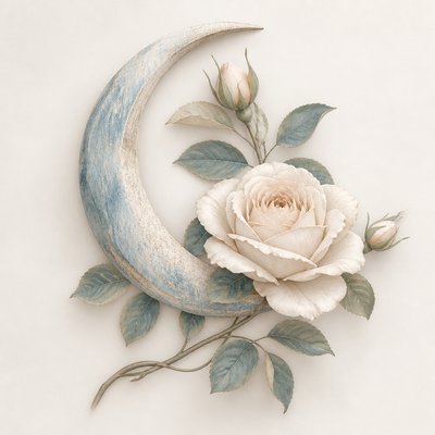 a rose entwined with a crescent moon, clean balanced composition on a plain background, no text