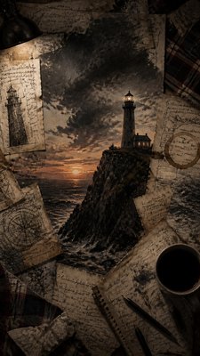 a lone lighthouse on a cliff at dusk under a dramatic sky, no text or lettering