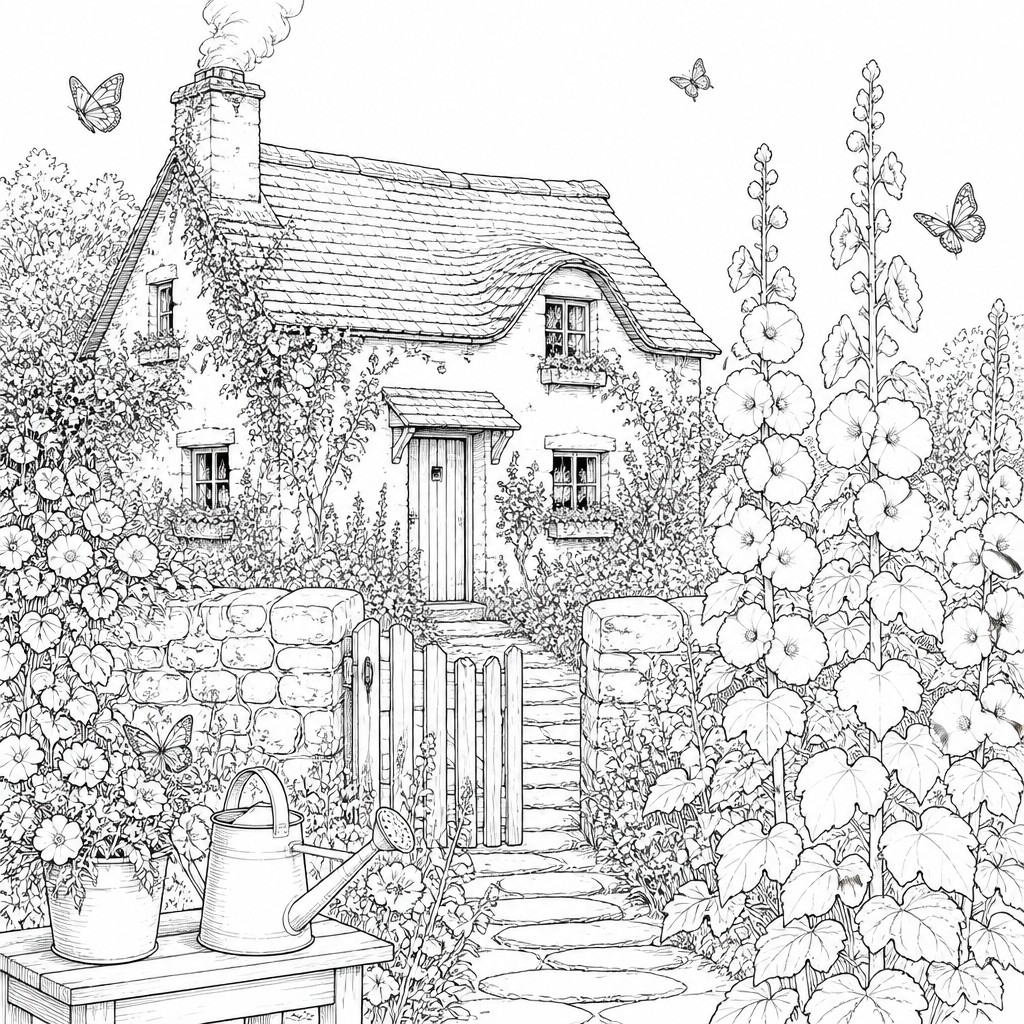 a garden scene with butterflies, flowers and a watering can, clean uncolored line art, no text