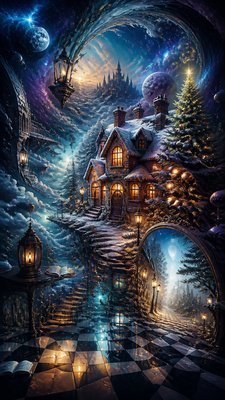 a snow-covered cottage with warm glowing windows beside a decorated pine tree, gentle snowfall, no text