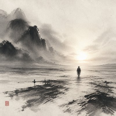 a solitary figure walking toward a glowing horizon across an empty plain, moody atmosphere, no text or lettering