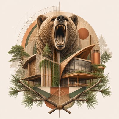 a roaring bear head above crossed pine branches, bold graphic composition on a plain background, no text