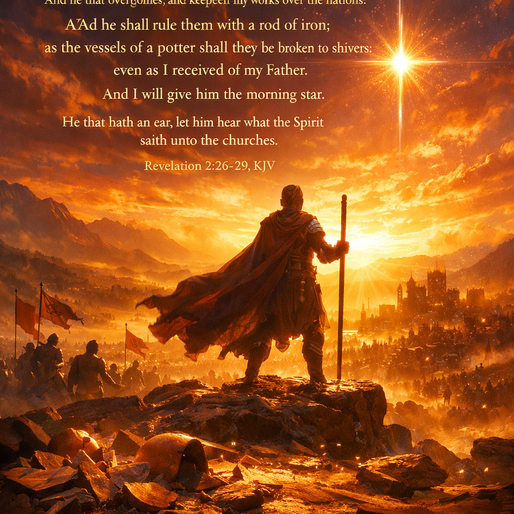 “And he that overcometh, and keepeth my works unto the end, to him will I give power over the nations: And he shall rule them with a rod of iron; as the vessels of a potter shall they be broken to shivers: even as I received of my Father. And I will give him the morning star. He that hath an ear, let him hear what the Spirit saith unto the churches.” (Revelation 2:26-29, KJV)
