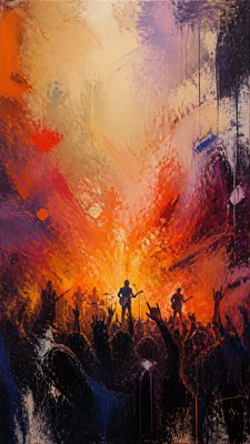a live music scene with a glowing stage and silhouetted crowd, energetic vertical composition with open space at the top, no text