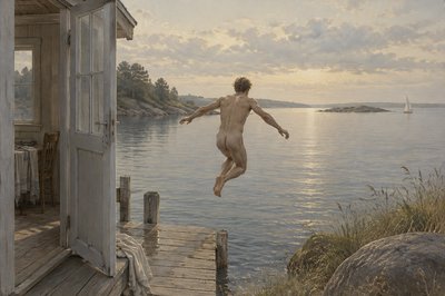 back view of danish ignudi athlete jumping from the pier into the lake
