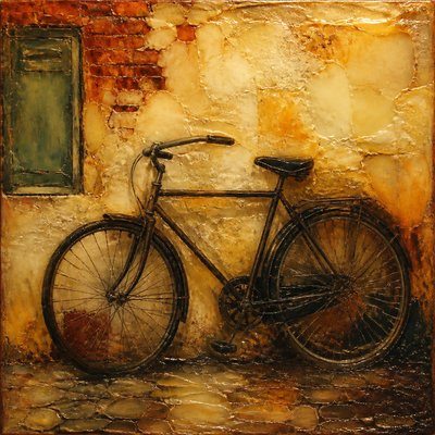 bicyle resting against a wall