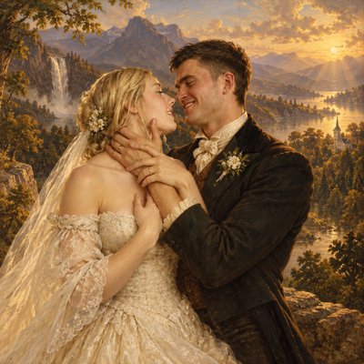 a painting of a bride and groom embracing each other