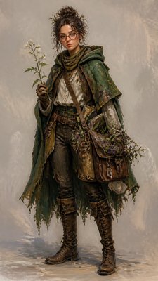 full-body original character: a wandering botanist with a satchel of plants, a patched green cloak, tall boots and round glasses, neutral background