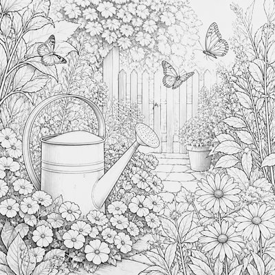 a garden scene with butterflies, flowers and a watering can, clean uncolored line art, no text