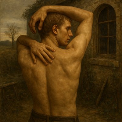 a painting of a man with his back to the camera
