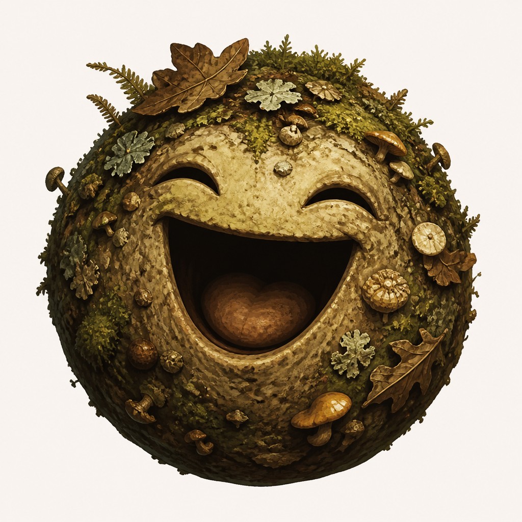 an exaggerated laughing face of an original round mascot character, bold and readable at small size, plain background, no text