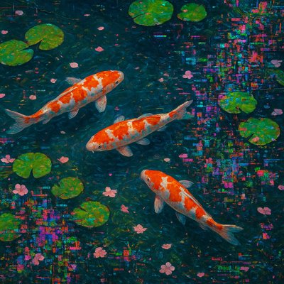 A koi pond seen from above, orange and white koi fish swimming among lily pads, clear water with subtle ripples, fallen cherry blossom petals floating on the surface, dappled sunlight