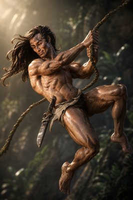 a man with long hair and no shirt holding a rope