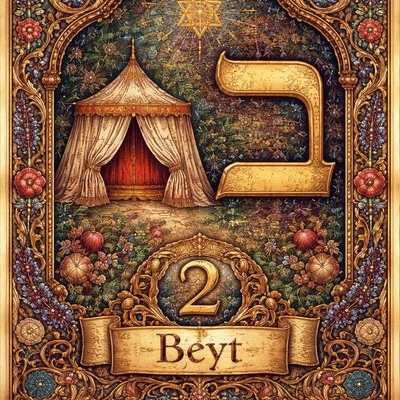 A picture of the Hebrew letter Beyt including both the paleo symbol of the bedouin tent meaning "house, family, in" and the modern Beyt symbol, the number 2 and the name of the letter "Beyt"