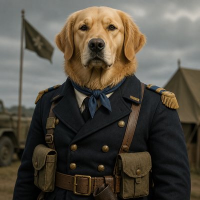 portrait of a golden retriever wearing a blue bandana, warm plain backdrop, no text