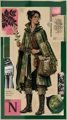 full-body original character: a wandering botanist with a satchel of plants, a patched green cloak, tall boots and round glasses, neutral background