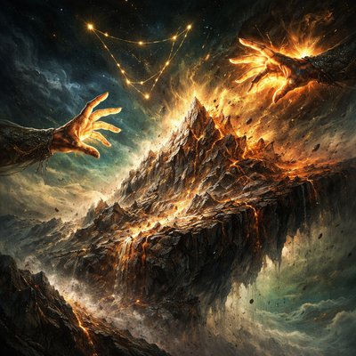 An abstract fusion of the Capricorn constellation and a mountain being turned to ash. Ethereal hands stretching out against a "destroying mountain" as it rolls off a cosmic cliff. The colors are charcoal, deep bronze, and flickering fire-orange. No cornerstones remain; the geometry of the mountain is fracturing. Surrealist style, sharp edges, metallic highlights, symbolic of Jeremiah 51:24-26.