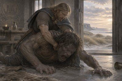 Beowulf jumps on Grendel's back to pin him to the ground
