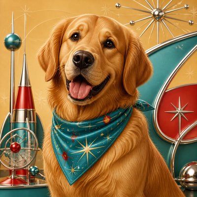 portrait of a golden retriever wearing a blue bandana, warm plain backdrop, no text