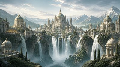 a cliffside city with waterfalls cascading into a misty canyon, wide establishing shot, no people, no text