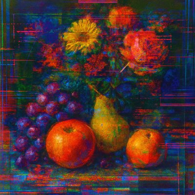 still life arrangement of fruits and flowers