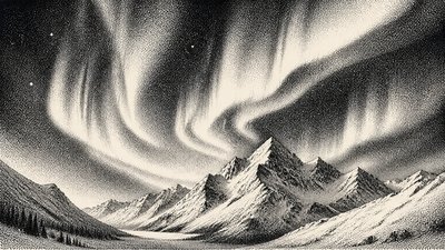 a flowing aurora over snowy peaks, wide sweeping composition, no people, no text