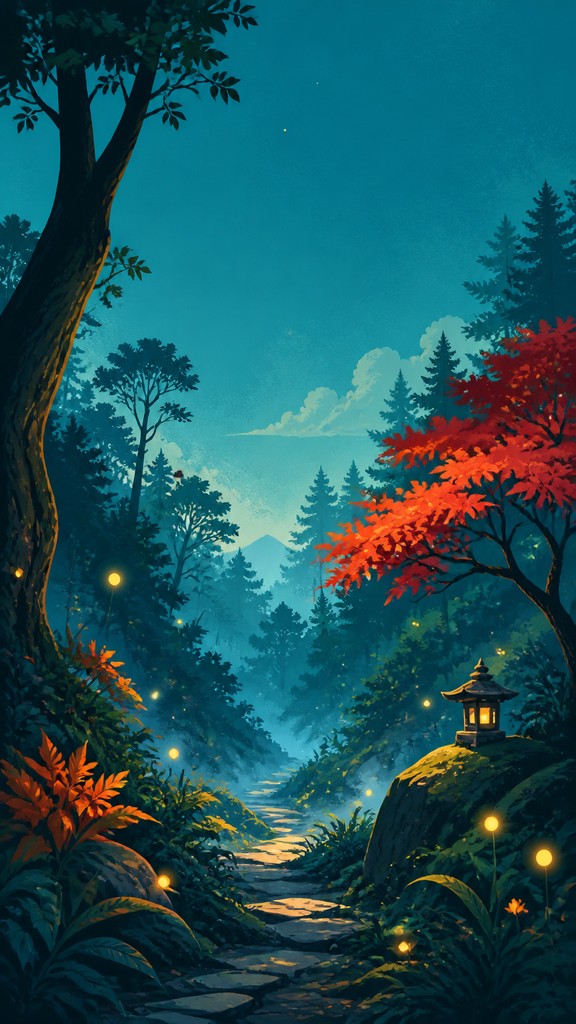a mysterious forest path with fireflies and drifting mist, atmospheric vertical composition with open space at the top, no text