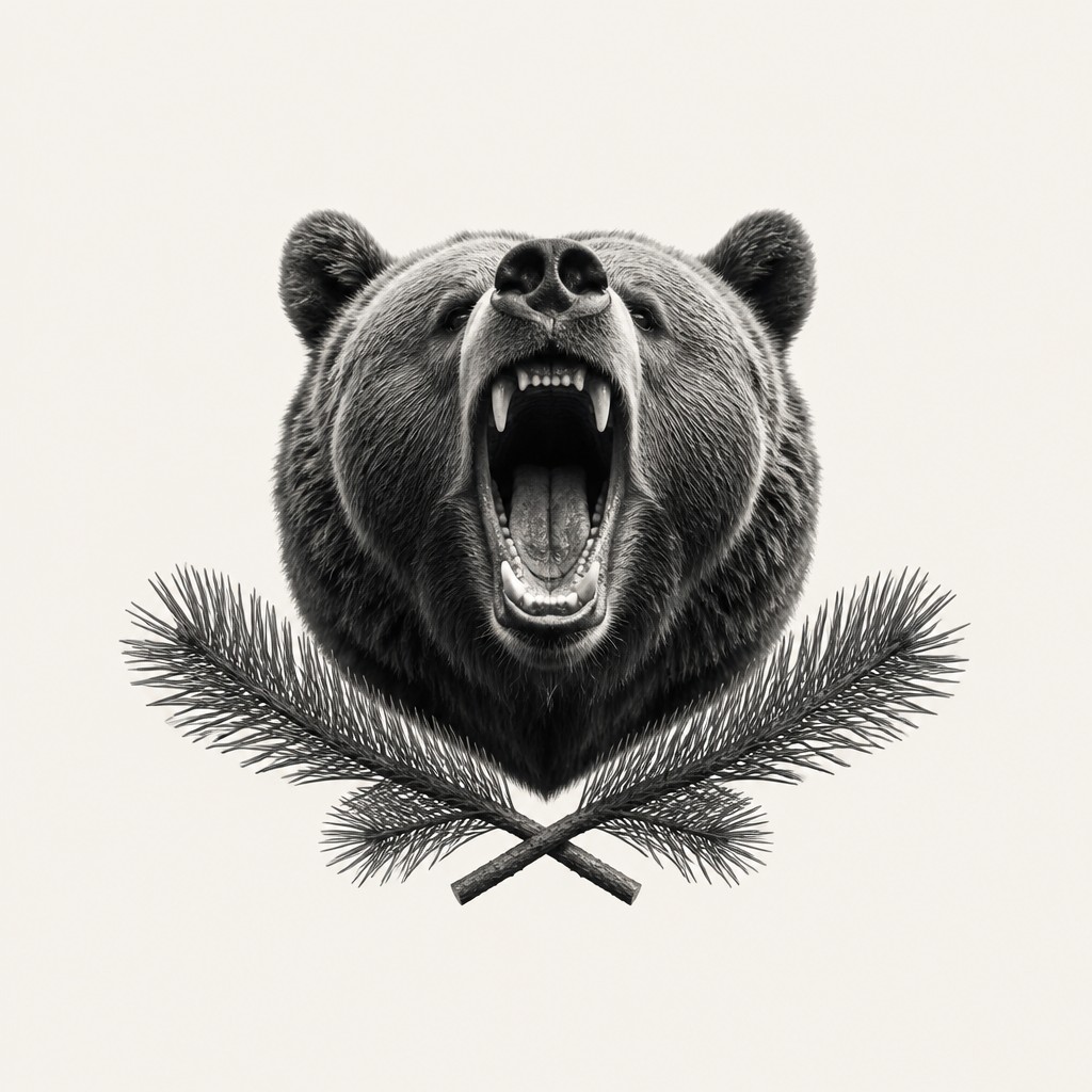 a roaring bear head above crossed pine branches, bold graphic composition on a plain background, no text