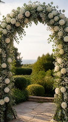 an arch of white roses and eucalyptus in soft morning light, elegant vertical composition with open space, no text