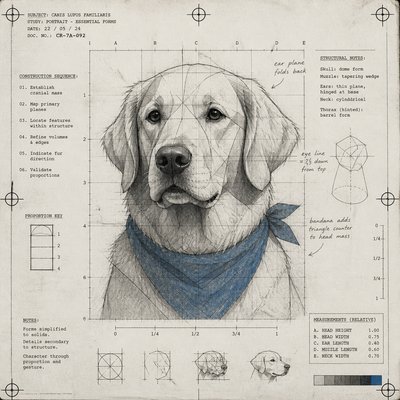 portrait of a golden retriever wearing a blue bandana, warm plain backdrop, no text