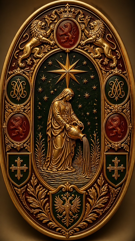 a robed figure pouring water beneath a large eight-pointed star in a night sky, symmetrical composition with an ornate decorative border, no text